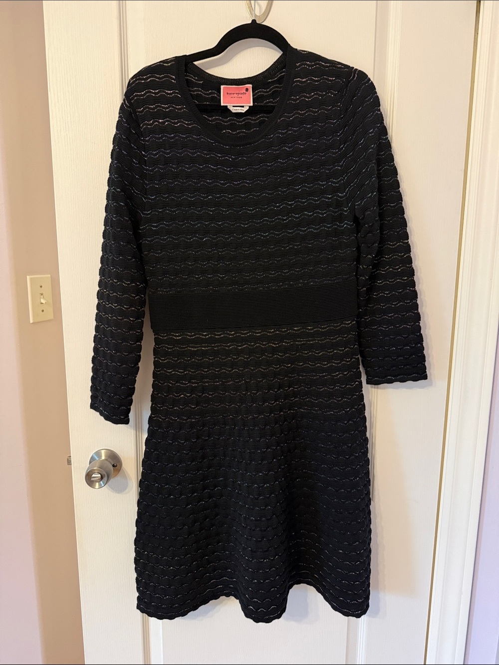 kate spade Black Textured Knit Long-Sleeve Fit-and-Flare Dress